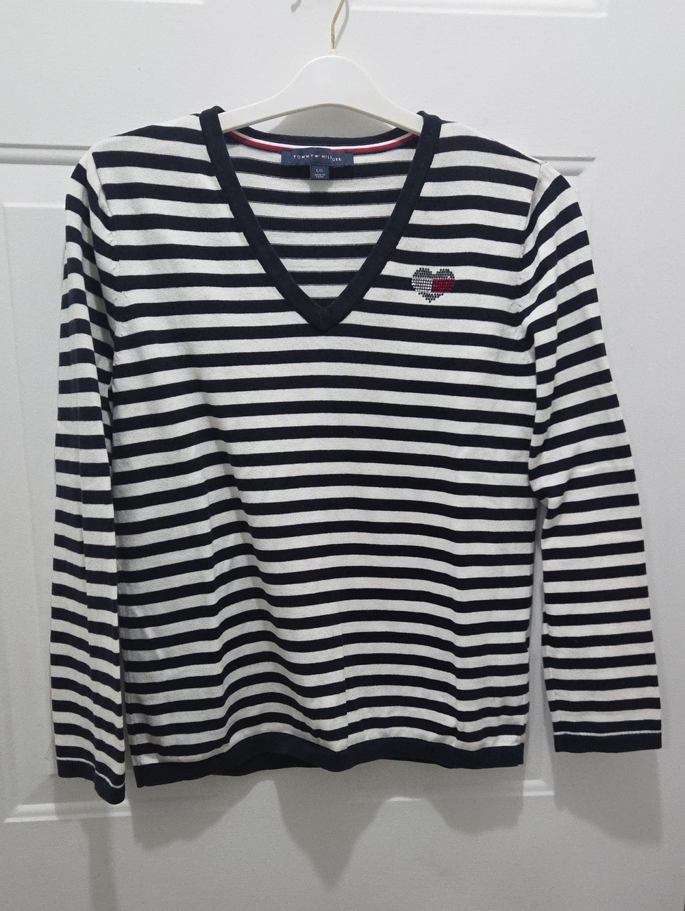 Tommy Hilfiger Black & White Striped V-Neck Sweater with Sparkly Heart Detail L